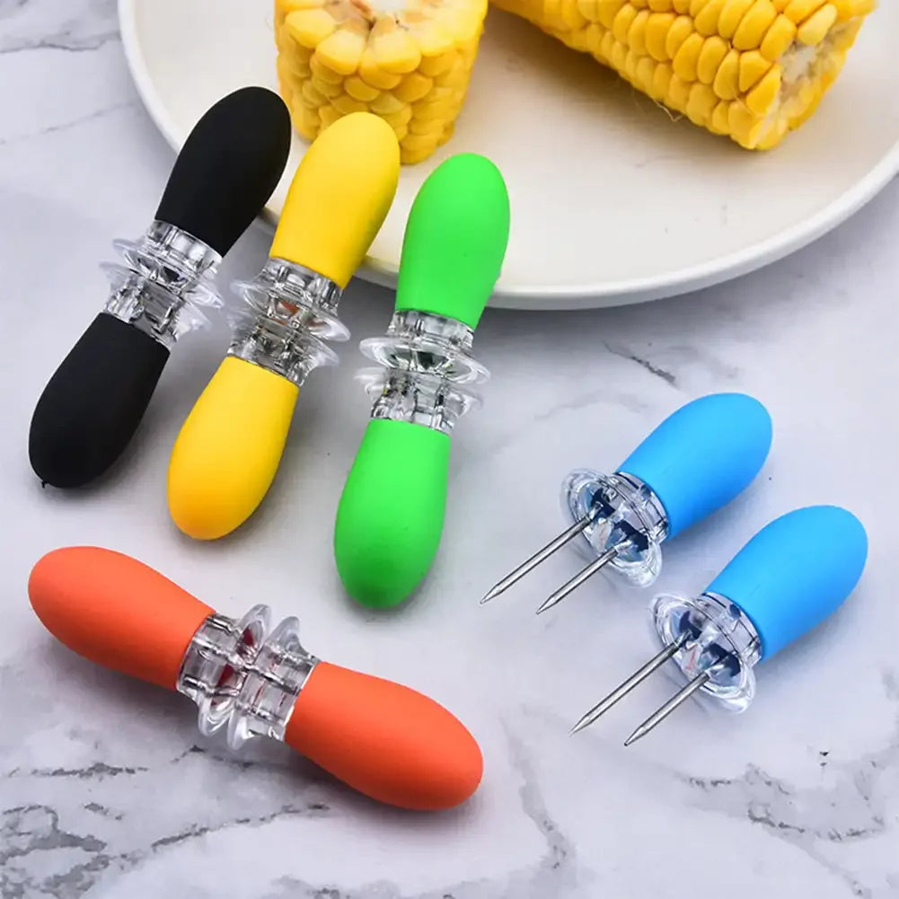 Portable Creative Fork Corn Skewer Stainless Steel Holders Corn Needles on The Cob Skewers Fruit Forks Outdoor Barbecue Tool