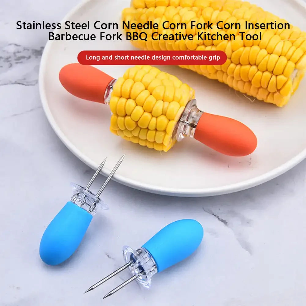 Portable Creative Fork Corn Skewer Stainless Steel Holders Corn Needles on The Cob Skewers Fruit Forks Outdoor Barbecue Tool